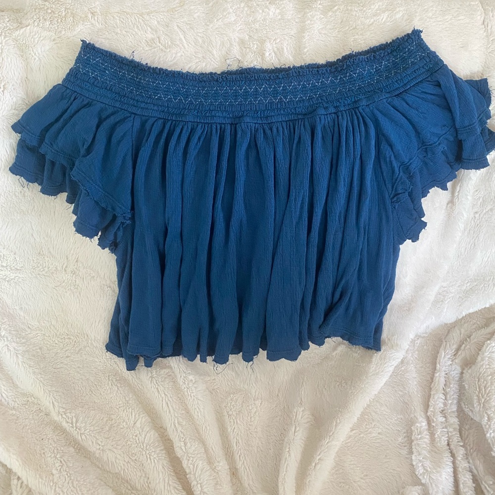 Blue Lightweight Off-Shoulder Ruffled FREE PEOPLE Summer Top Size L